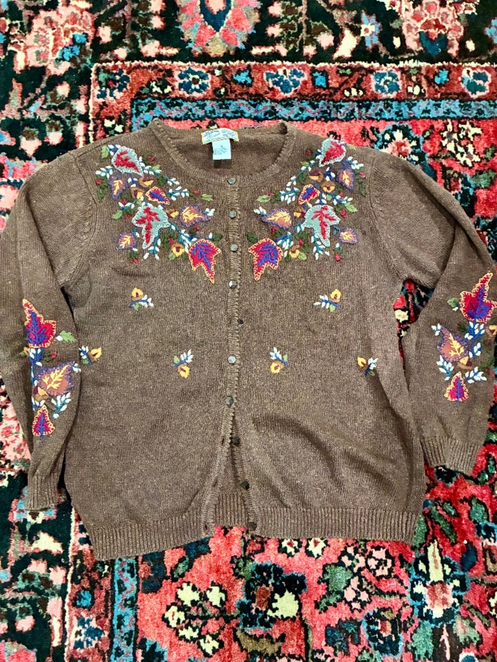 Brown embroidered floral cardigan sweater
